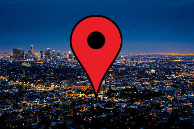 LA skyline with a location balloon over it.